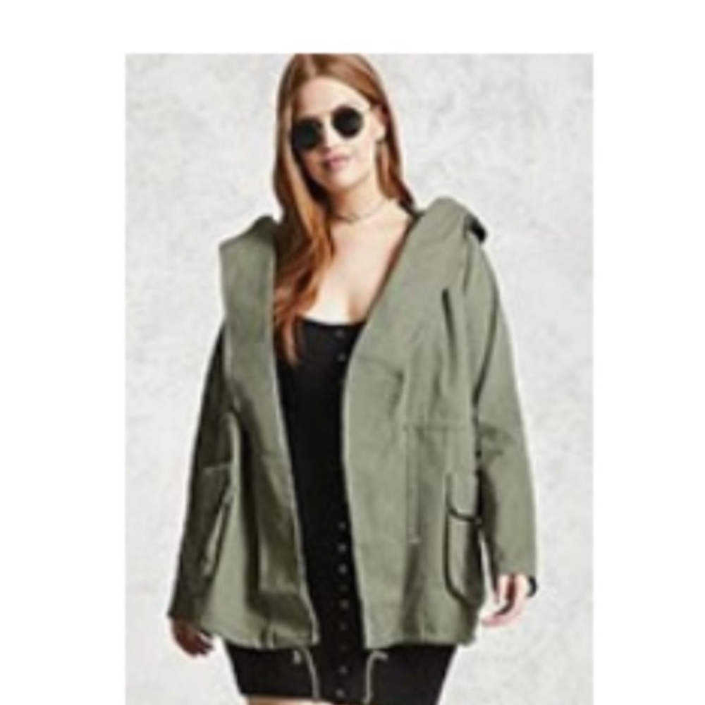 Forever‎ 21 100% Cotton Green Hooded Drawstring Waist Utility Jacket
